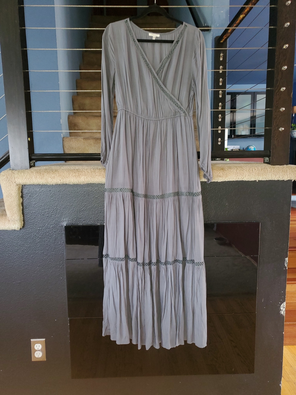 JODIFL Slate Gray Crochet-Trim Tiered Maxi Dress